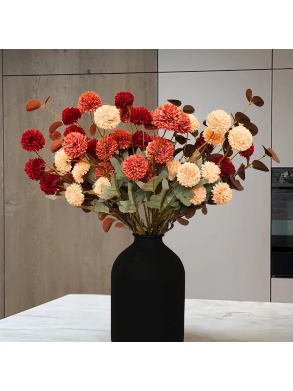 Fall Floral Arrangement - Burnt Orange Faux Flowers & Eucalyptus Stems for Home